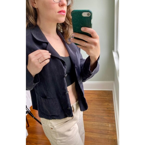 Vintage 90s Crop Top Button Down Black Long Sleeve Top S - Picture 2 of 8